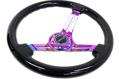 NRG Reinforced Steering Wheel (350mm / 3in. Deep) Blk Wood w/Blk Matte Spoke/Neochrome Center Mark - Interior