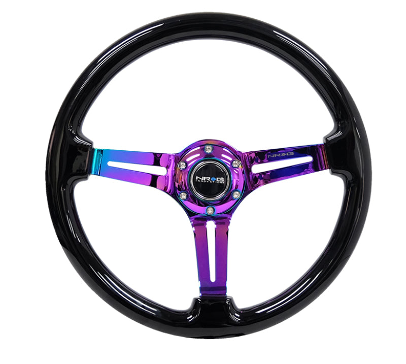 NRG Reinforced Steering Wheel (350mm / 3in. Deep) Blk Wood w/Blk Matte Spoke/Neochrome Center Mark - Interior