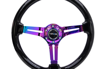 NRG Reinforced Steering Wheel (350mm / 3in. Deep) Blk Wood w/Blk Matte Spoke/Neochrome Center Mark - Interior