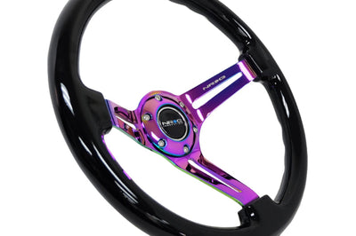 NRG Reinforced Steering Wheel (350mm / 3in. Deep) Blk Wood w/Blk Matte Spoke/Neochrome Center Mark - Interior