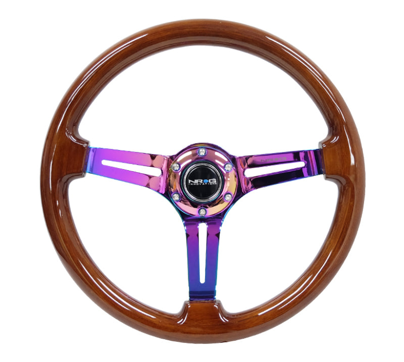 NRG Reinforced Steering Wheel (350mm / 3in. Deep) Brown Wood w/Blk Matte Spoke/Neochrome Center Mark - Interior