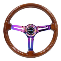 NRG Reinforced Steering Wheel (350mm / 3in. Deep) Brown Wood w/Blk Matte Spoke/Neochrome Center Mark - Interior