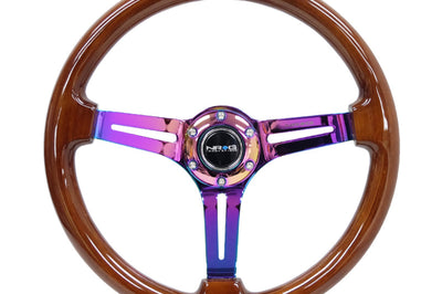 NRG Reinforced Steering Wheel (350mm / 3in. Deep) Brown Wood w/Blk Matte Spoke/Neochrome Center Mark - Interior