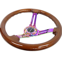 NRG Reinforced Steering Wheel (350mm / 3in. Deep) Brown Wood w/Blk Matte Spoke/Neochrome Center Mark - Interior