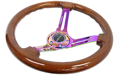 NRG Reinforced Steering Wheel (350mm / 3in. Deep) Brown Wood w/Blk Matte Spoke/Neochrome Center Mark - Interior