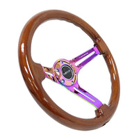 NRG Reinforced Steering Wheel (350mm / 3in. Deep) Brown Wood w/Blk Matte Spoke/Neochrome Center Mark - Interior