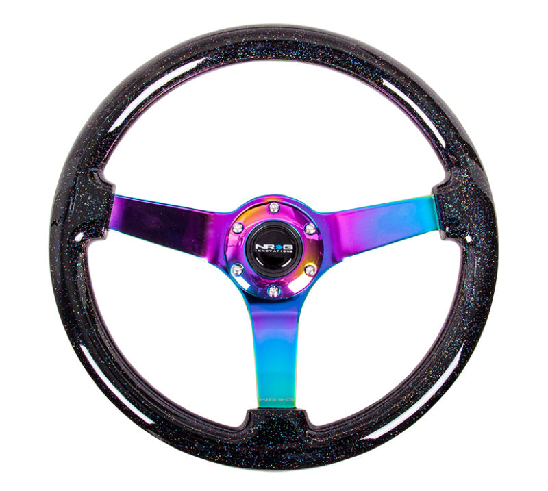 NRG Reinforced Steering Wheel (350mm / 3in. Deep) Classic Blk Sparkle w/4mm Neochrome 3-Spoke Center - Interior
