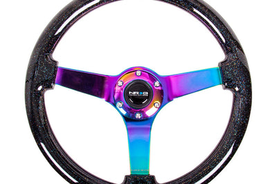 NRG Reinforced Steering Wheel (350mm / 3in. Deep) Classic Blk Sparkle w/4mm Neochrome 3-Spoke Center - Interior