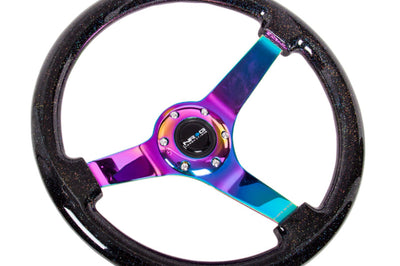 NRG Reinforced Steering Wheel (350mm / 3in. Deep) Classic Blk Sparkle w/4mm Neochrome 3-Spoke Center - Interior