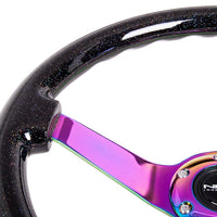 NRG Reinforced Steering Wheel (350mm / 3in. Deep) Classic Blk Sparkle w/4mm Neochrome 3-Spoke Center - Interior