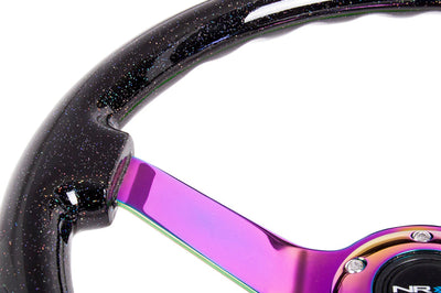 NRG Reinforced Steering Wheel (350mm / 3in. Deep) Classic Blk Sparkle w/4mm Neochrome 3-Spoke Center - Interior