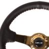 NRG Reinforced Steering Wheel (3in Deep / 4mm) 350mm Blk Leather w/Red BBall Stitch & Gold Spoke - Interior Accessories