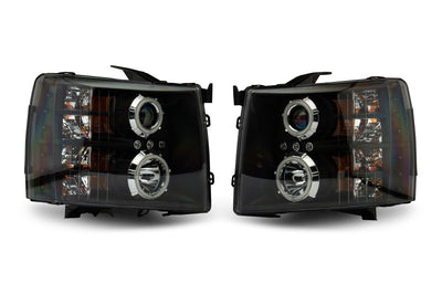 Raxiom 07-13 Silverado 1500 Super White LED Halo Projector Headlights- Black Housing (Clear Lens) - Lights