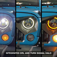 Raxiom 97-18 Jeep Wrangler TJ/JK Axial Halo Headlights w/ DRL Amber Signals- Blk Hsng (Clear Lens) - Lights
