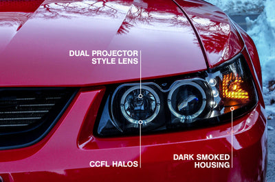 Raxiom 99-04 Ford Mustang Dual LED Halo Projector Headlights- Black Housing (Smoked Lens) - Lights