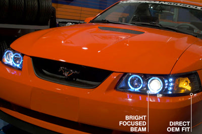 Raxiom 99-04 Ford Mustang Dual LED Halo Projector Headlights- Black Housing (Clear Lens) - Lights