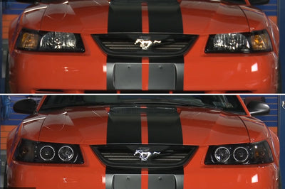 Raxiom 99-04 Ford Mustang Dual LED Halo Projector Headlights- Black Housing (Smoked Lens) - Lights