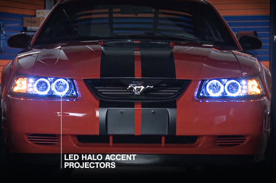 Raxiom 99-04 Ford Mustang Dual LED Halo Projector Headlights- Chrome Housing (Clear Lens) - Lights