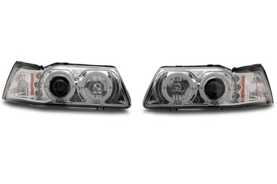 Raxiom 99-04 Ford Mustang Dual LED Halo Projector Headlights- Chrome Housing (Clear Lens) - Lights