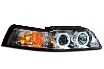 Raxiom 99-04 Ford Mustang Dual LED Halo Projector Headlights- Chrome Housing (Clear Lens) - Lights