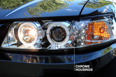 Raxiom 99-04 Ford Mustang Dual LED Halo Projector Headlights- Chrome Housing (Clear Lens) - Lights