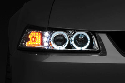 Raxiom 99-04 Ford Mustang Dual LED Halo Projector Headlights- Chrome Housing (Clear Lens) - Lights