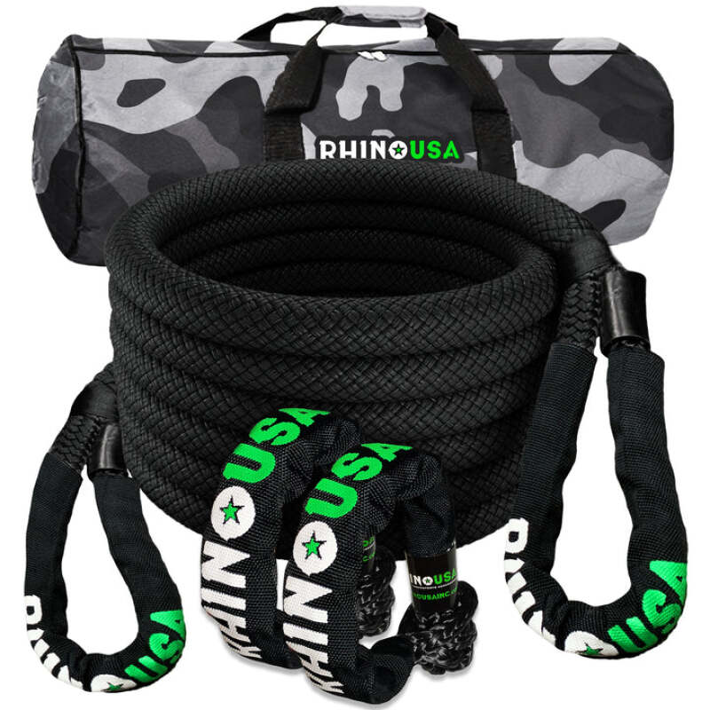 Rhino USA 7/8In X 30Ft Kinetic Rope Recovery Kit W/Soft Shackles (Black) - Truck Bed Accessories