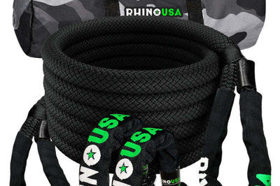 Rhino USA 7/8In X 30Ft Kinetic Rope Recovery Kit W/Soft Shackles (Black) - Truck Bed Accessories