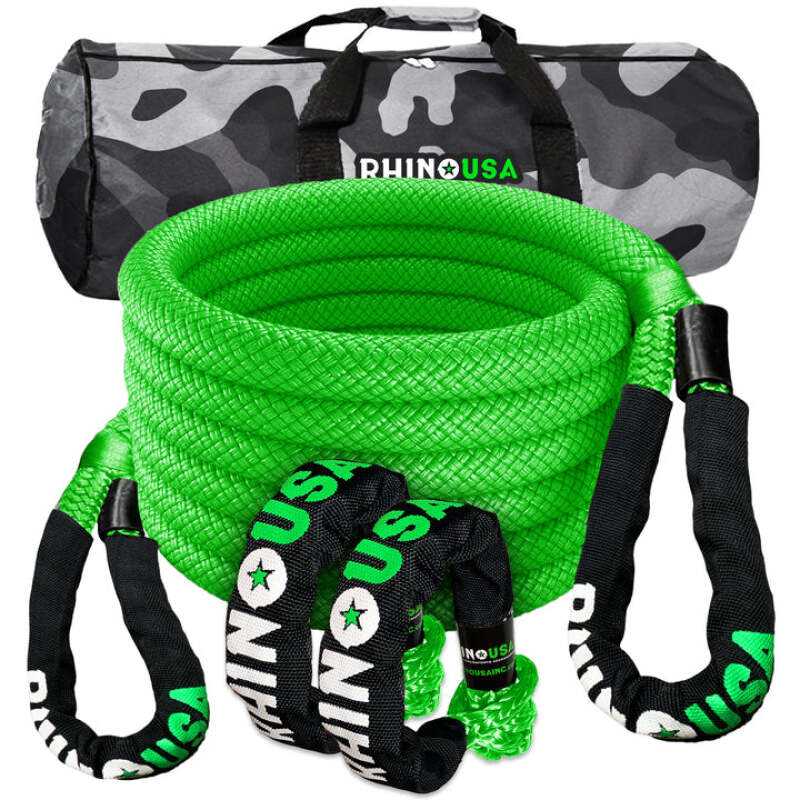 Rhino USA 7/8In X 30Ft Kinetic Rope Recovery Kit W/Soft Shackles (Green) - Truck Bed Accessories