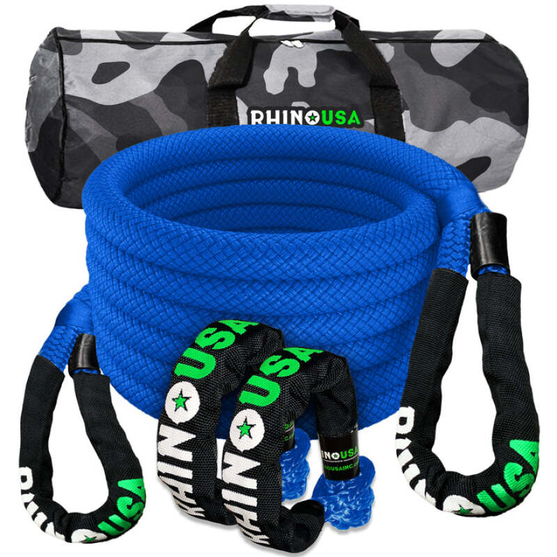 Rhino USA 7/8In X 30Ft Kinetic Rope Recovery Kit W/Soft Shackles (Blue) - Truck Bed Accessories