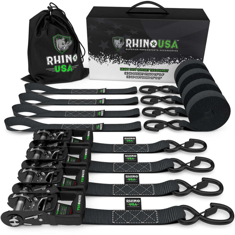 Rhino USA Heavy Duty Ratchet Tie-Down 4-Pack (Black) 1.6In X 8Ft - Truck Bed Accessories