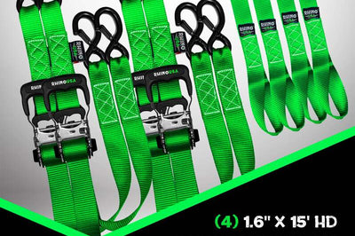 Rhino USA Heavy Duty Ratchet Tie-Down 4-Pack Green 1.6In X 15Ft - Truck Bed Accessories