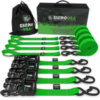 Rhino USA Heavy Duty Ratchet Tie-Down 4-Pack (Green) 1.6In X 8Ft - Truck Bed Accessories