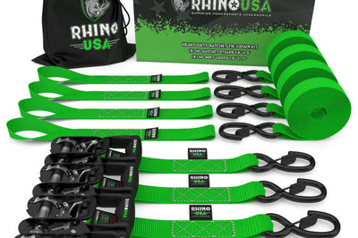 Rhino USA Heavy Duty Ratchet Tie-Down 4-Pack (Green) 1.6In X 8Ft - Truck Bed Accessories