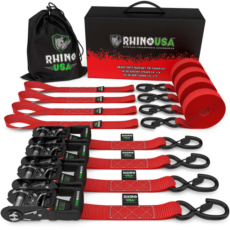 Rhino USA Heavy Duty Ratchet Tie-Down 4-Pack Red 1.6In X 15Ft - Truck Bed Accessories