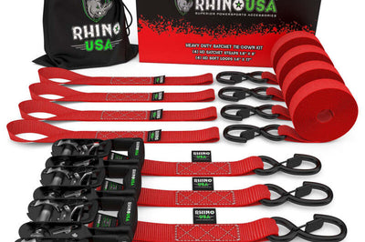 Rhino USA Heavy Duty Ratchet Tie-Down 4-Pack Red 1.6In X 15Ft - Truck Bed Accessories