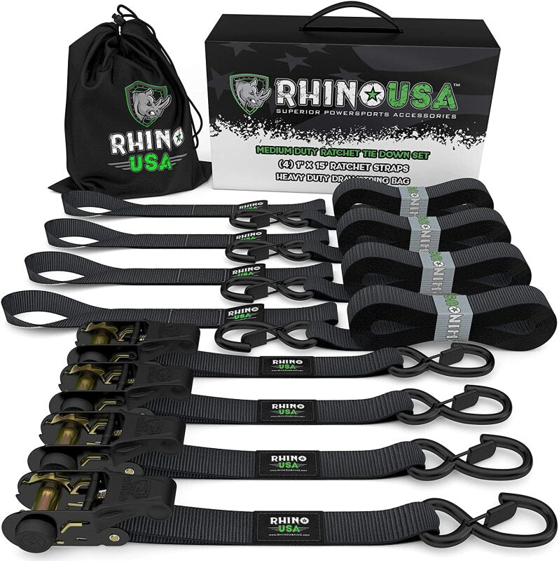 Rhino USA Medium Duty Ratchet Strap Tie-Down 4-Pack (Black) - Truck Bed Accessories