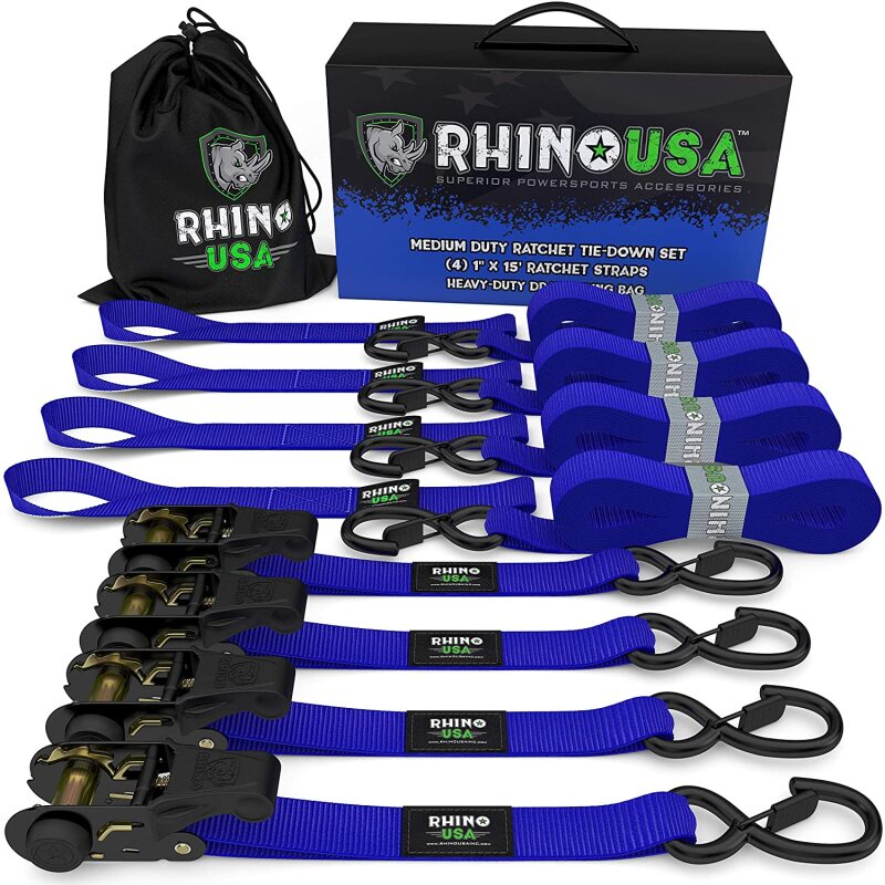 Rhino USA Medium Duty Ratchet Strap Tie-Down 4-Pack (Blue) - Truck Bed Accessories