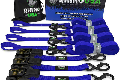 Rhino USA Medium Duty Ratchet Strap Tie-Down 4-Pack (Blue) - Truck Bed Accessories