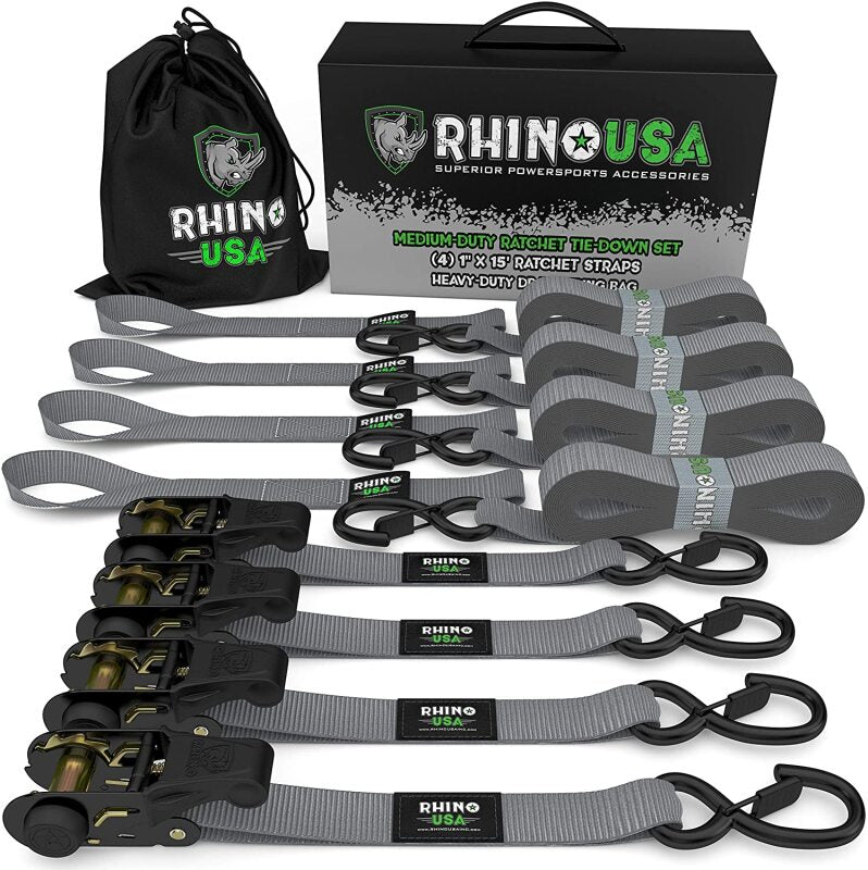 Rhino USA Medium Duty Ratchet Strap Tie-Down 4-Pack (Gray) - Truck Bed Accessories