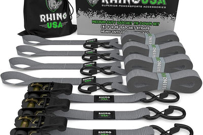 Rhino USA Medium Duty Ratchet Strap Tie-Down 4-Pack (Gray) - Truck Bed Accessories
