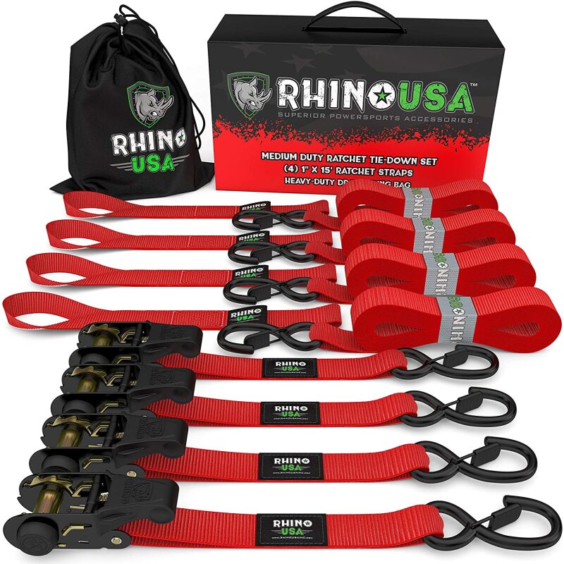 Rhino USA Medium Duty Ratchet Strap Tie-Down 4-Pack (Red) - Truck Bed Accessories