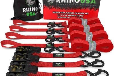 Rhino USA Medium Duty Ratchet Strap Tie-Down 4-Pack (Red) - Truck Bed Accessories