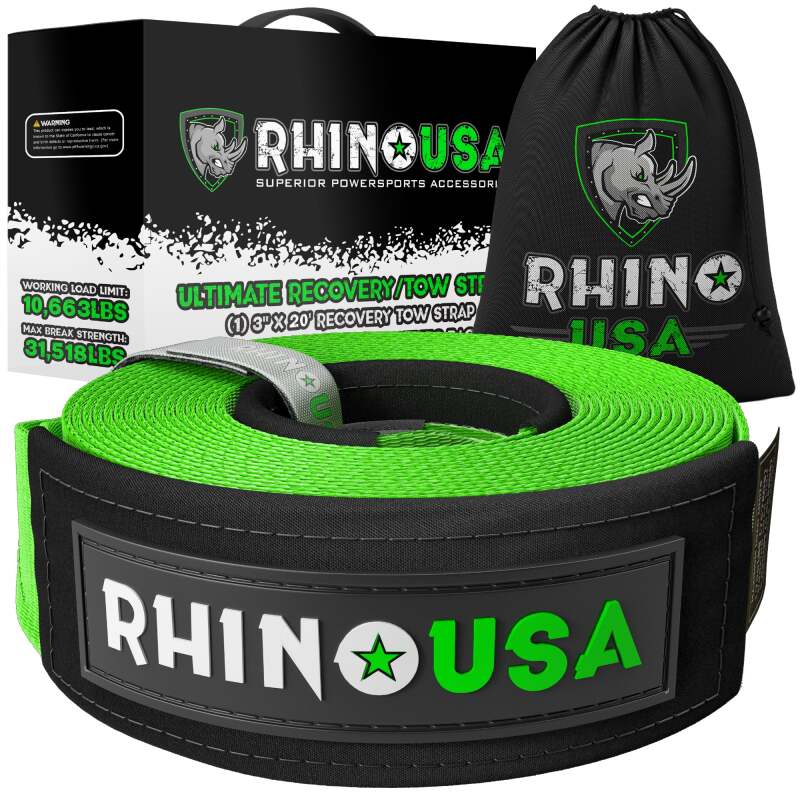 Rhino USA Recovery Tow Strap 3Inx30Ft (Green) - Winches & Hitches