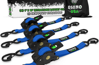 Rhino USA Retractable Ratchet Straps (4Pk 1Inx10Ft) (Blue) - Winches & Hitches