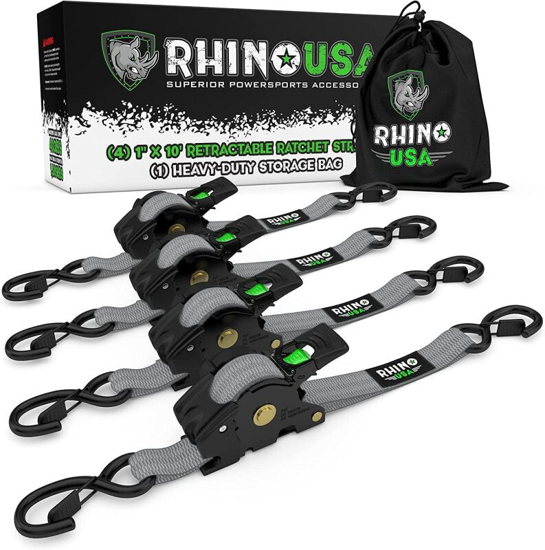 Rhino USA Retractable Ratchet Straps (4Pk 1Inx10Ft) (Gray) - Winches & Hitches