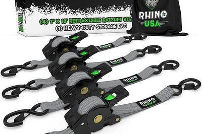 Rhino USA Retractable Ratchet Straps (4Pk 1Inx10Ft) (Gray) - Winches & Hitches