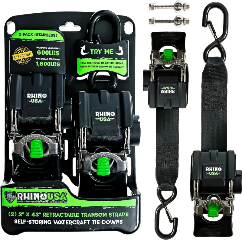 Rhino USA Retractable Transom Straps (2 Pack-Stainless) - Winches & Hitches
