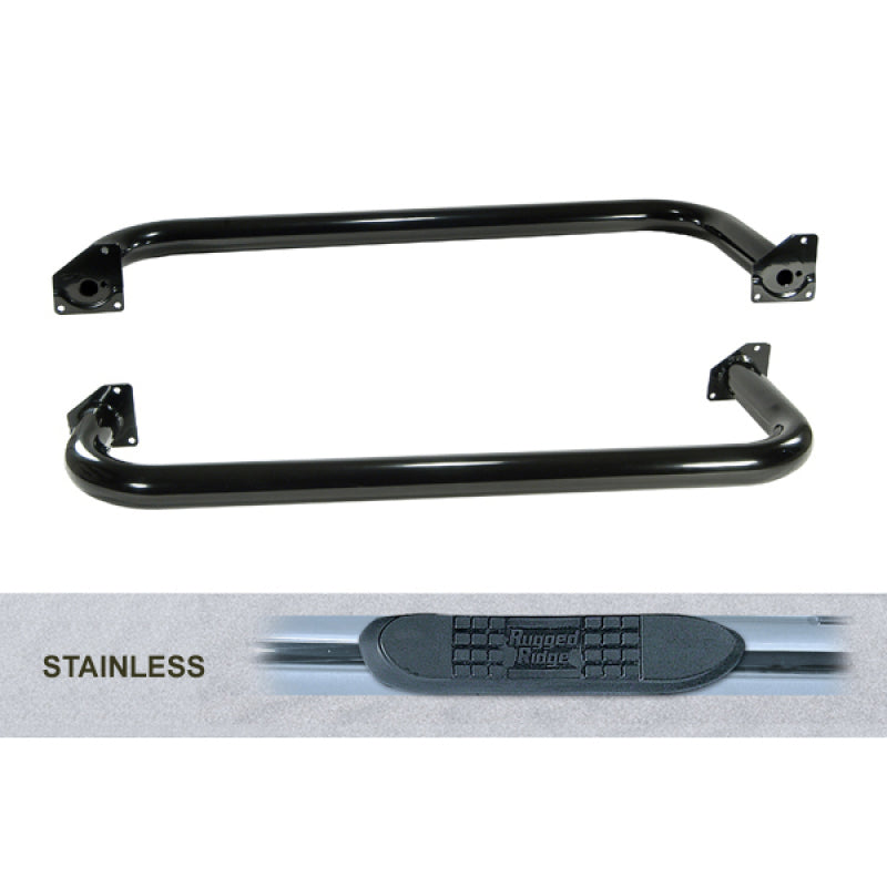 Rugged Ridge 3-In Round Tube Side Step SS 87-95 Jeep Wrangler YJ - Nerf Bars & Running Boards