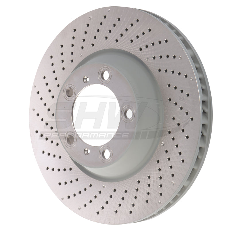 SHW Performance 09-13 Porsche 911 Turbo w/Center Lock w/o Ceramics Left Frt Drill-Dimp MB Rotor (99735140502) - Brakes